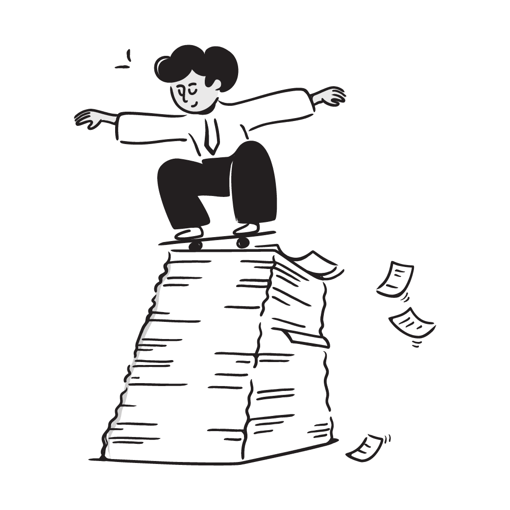 Notion ilustration presenting human being on top of a pile of sheets